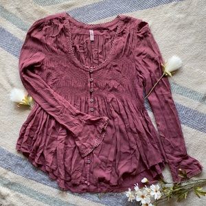 FREE PEOPLE | Dusty Rose Pink Boho Long Sleeve Flutter Top w/ Smocking